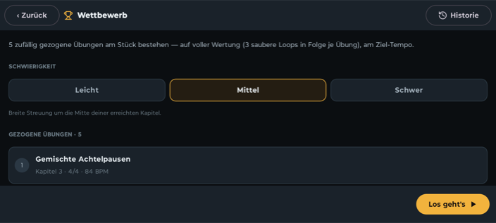 Wettbewerb mit Schwierigkeitswahl und gezogenen Übungen