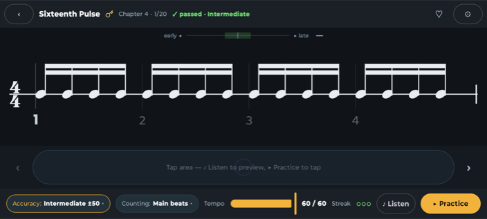 Practice player with notation, beat numbers and tendency display